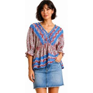New UMGEE M 8 10 Blue Paisley Balloon Dolman Sleeves Back String Tie Top
